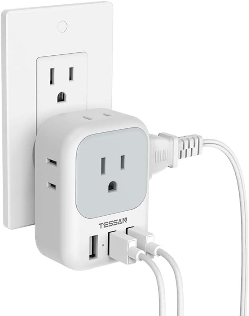 USB Charger Block, Wall Plug Adapter with Electrical 4 Box Splitter 3 USB Wall Charger Ports, Multi Plug Outlet Extender Charging for Cruise, Travel, Office, Dorm Essentials