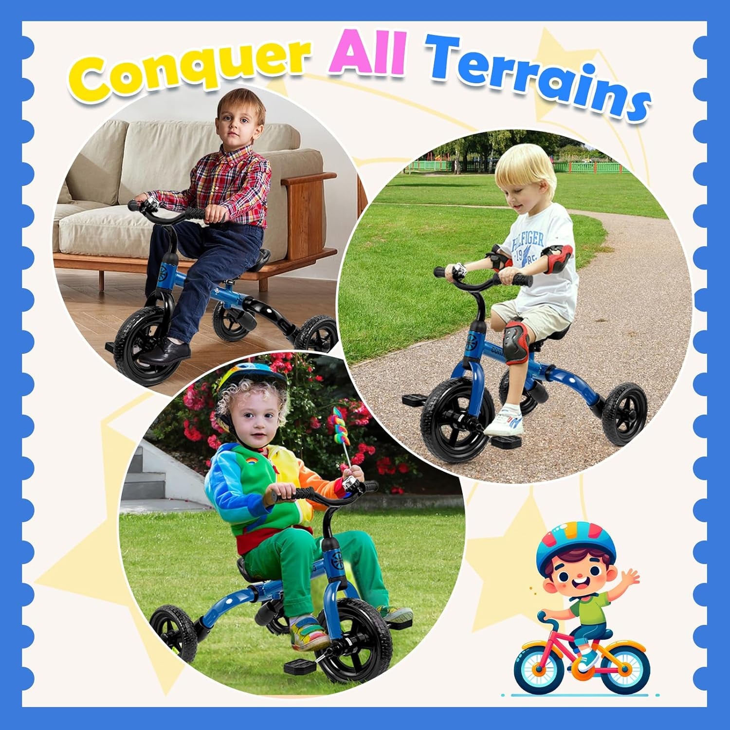 3 in 1 Toddler Tricycles for 2-5 Years Old Boys and Girls with Detachable Pedal and Bell, Foldable Baby Balance Bike Riding Toys for 2+ Kids, Child Birthday Christmas New Year Gift Blue
