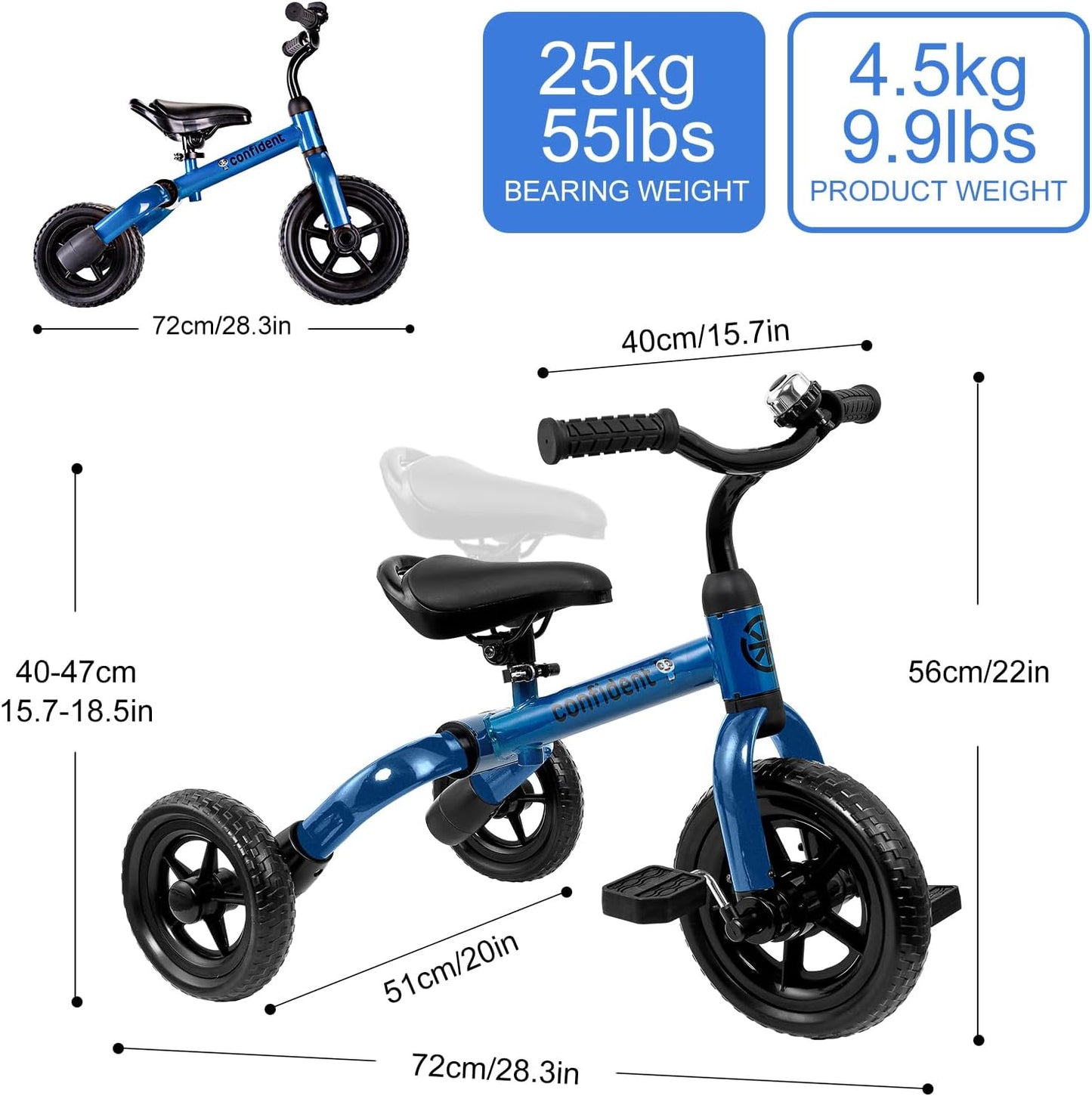 3 in 1 Toddler Tricycles for 2-5 Years Old Boys and Girls with Detachable Pedal and Bell, Foldable Baby Balance Bike Riding Toys for 2+ Kids, Child Birthday Christmas New Year Gift Blue