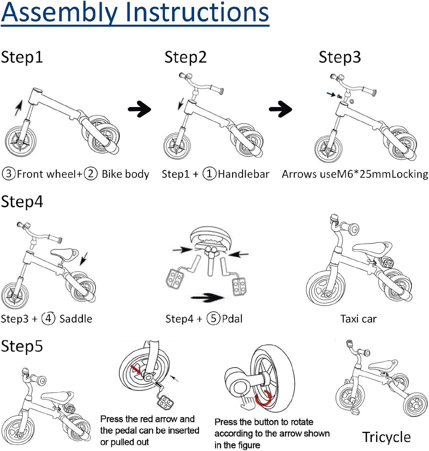 3 in 1 Toddler Tricycles for 2-5 Years Old Boys and Girls with Detachable Pedal and Bell, Foldable Baby Balance Bike Riding Toys for 2+ Kids, Child Birthday Christmas New Year Gift Blue