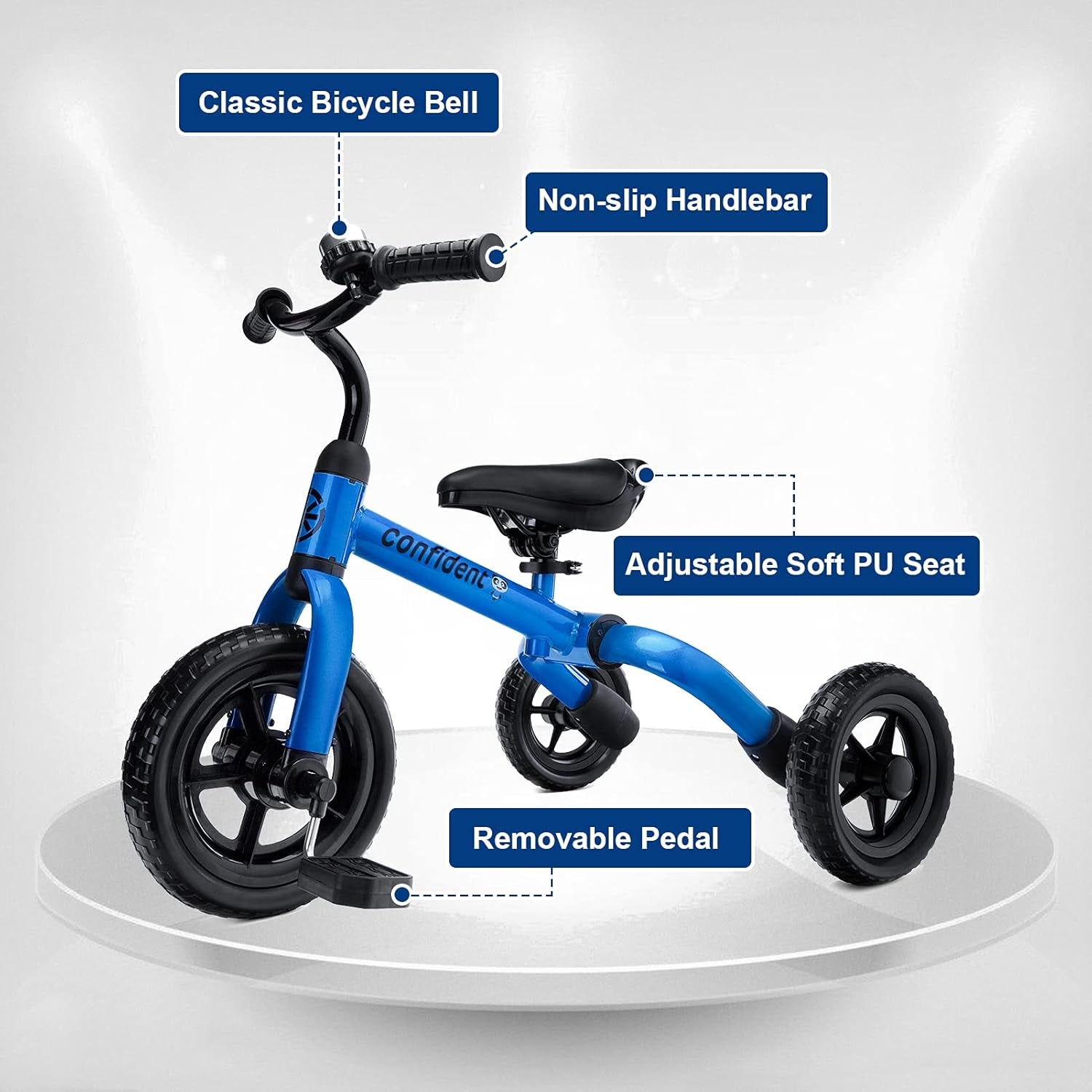 3 in 1 Toddler Tricycles for 2-5 Years Old Boys and Girls with Detachable Pedal and Bell, Foldable Baby Balance Bike Riding Toys for 2+ Kids, Child Birthday Christmas New Year Gift Blue