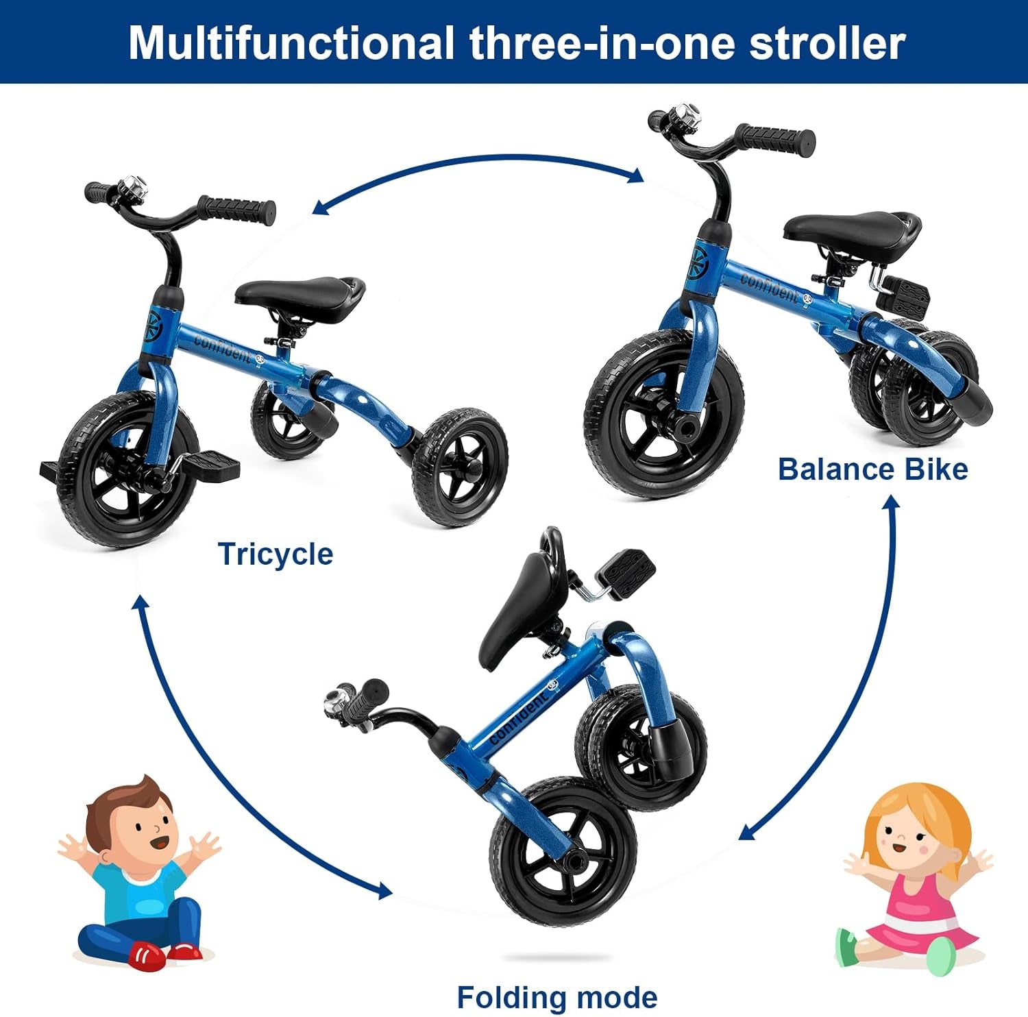 3 in 1 Toddler Tricycles for 2-5 Years Old Boys and Girls with Detachable Pedal and Bell, Foldable Baby Balance Bike Riding Toys for 2+ Kids, Child Birthday Christmas New Year Gift Blue