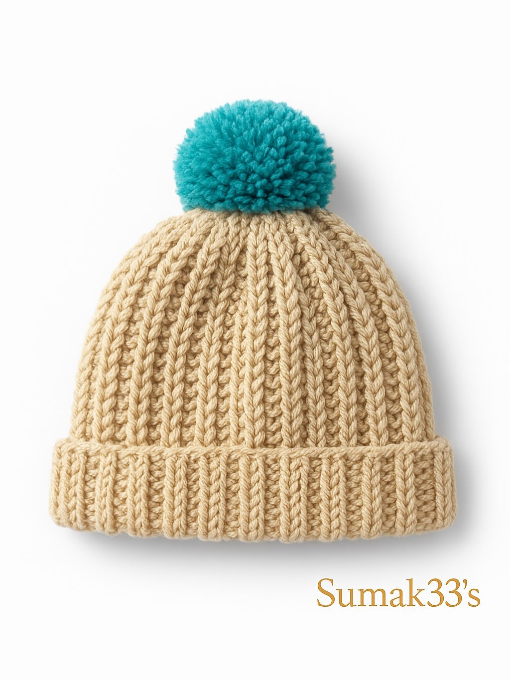 Handmade Cream Knit Beanie with Turquoise Pom Pom – Sumak33’